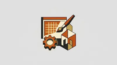 A stylized graphic featuring a computer monitor with a grid, a paintbrush, a gear, and a 3D house icon.