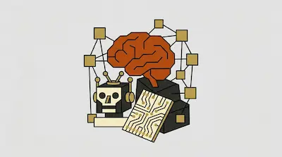 A stylized orange brain, a robot head, and a circuit board surrounded by a network of lines and squares.