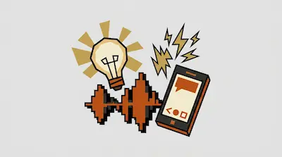A glowing lightbulb, a smartphone with a speech bubble, lightning bolts, and a pixelated sound wave.