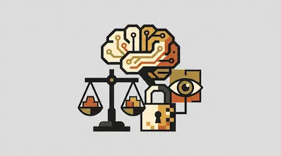 A stylized brain with circuit patterns above a balance scale, a padlock, and an eye.