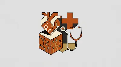 A geometric heart, a circuit board cube, a medical cross, and a stethoscope are arranged together.