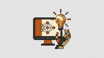A computer monitor displaying a network diagram next to a robotic hand holding a lightbulb.
