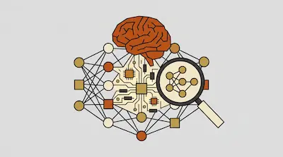 Flat illustration of a human brain connected to a neural network and circuit board being viewed through a magnifying glass