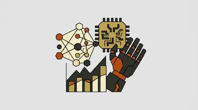 A graphic featuring a network diagram, a computer chip, a robotic hand, and data charts.