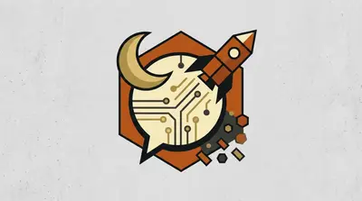 A crescent moon, a rocket, and a circuit-patterned chat bubble on a hexagonal shield.