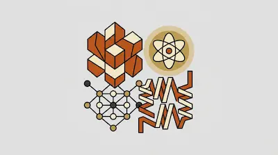A geometric composition of four icons: a cluster of cubes, a stylized atom, a network of connected nodes, and a double helix.