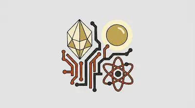 A faceted crystal, a glowing sphere, and an atomic model are interconnected by circuit board lines.