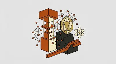 A collection of stylized geometric shapes, including a tower of cubes, a faceted gem, an atom symbol, and interconnected nodes.