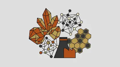 A cluster of geometric illustrations featuring orange crystals, molecular structures, a honeycomb pattern, and an industrial cooling tower.