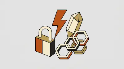 Isometric icons of a padlock, a lightning bolt, a crystal, and interlocking hexagonal rings in orange, tan, and black.