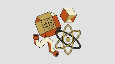 A cube with a circuit board pattern, a smaller cube, a zig-zagging pipe, and an atom symbol.