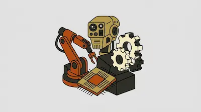 An orange robotic arm, a tan robot head, two white gears, and a microchip.
