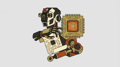 A stylized robot with a mechanical hand reaching toward a large computer chip.
