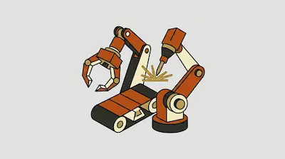 Two robotic arms with orange and cream accents work on a conveyor belt, one using a welding tool that creates sparks.