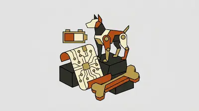 A geometric robotic dog stands on black blocks next to a battery icon, a circuit board scroll, and a mechanical bone.