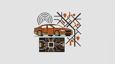 An orange car is surrounded by icons of a signal, a map with location pins, and a circuit board.
