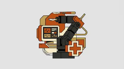A robotic arm holding a scalpel next to a medical monitor and a cross symbol.