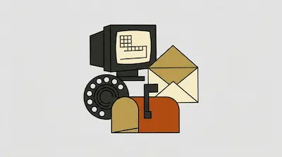 Flat illustration of a vintage computer monitor, a rotary phone dial, an open envelope, and a mailbox on a gray background