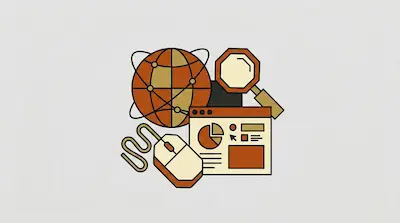 Flat illustration of a globe, a computer mouse, and a data dashboard in orange and cream tones on a gray background