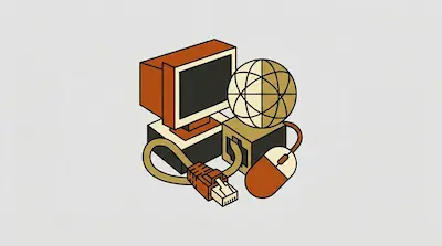 Flat illustration of a vintage computer monitor, a globe, and an ethernet cable in orange and tan tones.