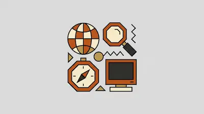 Flat illustration of a globe, magnifying glass, compass, and computer monitor in a geometric grid on a gray background