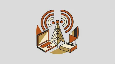 Flat illustration of a radio tower emitting signals next to a laptop and a router in orange and tan tones.