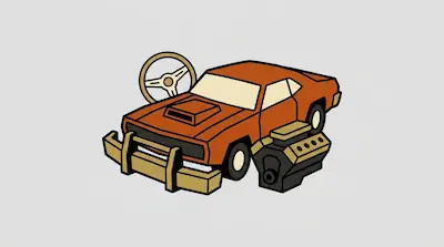 A stylized orange muscle car with a steering wheel, a heavy-duty front bumper, and a V8 engine block.