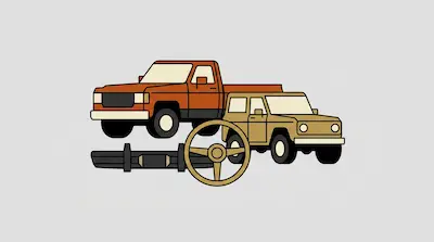 Flat illustration of an orange pickup truck, a tan SUV, a steering wheel, and a bumper on a light gray background