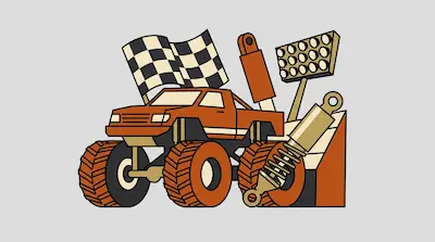 Flat illustration of an orange monster truck with a checkered flag, stadium lights, and a large shock absorber