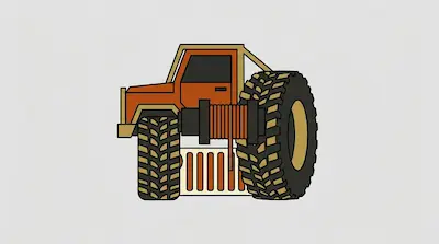 Flat illustration of a distorted orange off-road truck with oversized tires and a winch on a light grey background