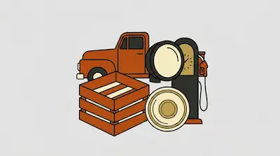 Flat illustration of a vintage orange truck, a wooden crate, and a gas pump on a light gray background