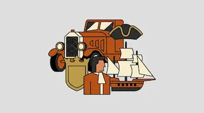 A stylized graphic featuring a vintage orange car, a person in colonial attire, a tricorn hat, a sailing ship, and a gold shield.