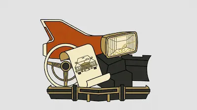 A stylized collage of vintage car parts, including a tail fin, steering wheel, and headlight, centered around a scroll with a car drawing.