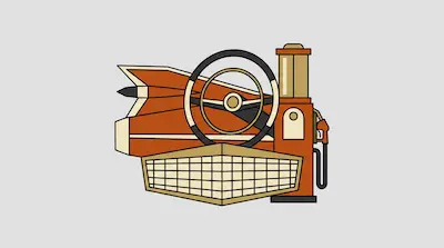A stylized collection of vintage car parts including a tailfin, steering wheel, grille, and gas pump.