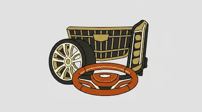 A collection of car parts including a front grille, a vertical headlight, a wheel, and a leather steering wheel.