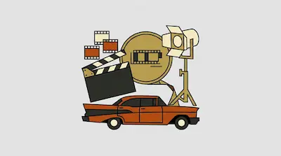 A vintage orange car sits below a clapperboard, a film reel, and a studio light.