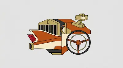 A geometric composition of vintage car parts, including a radiator grille, steering wheel, and tail fin, in shades of orange, tan, and black.