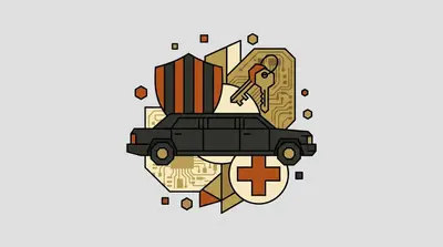 A long black limousine in front of a striped shield, a pair of keys, circuit board panels, and a medical cross symbol.