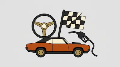 A stylized orange muscle car with a large steering wheel, a checkered flag, and a gas pump nozzle.