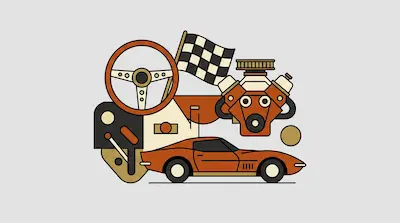 A stylized graphic of an orange sports car, a steering wheel, a checkered flag, and an engine block.