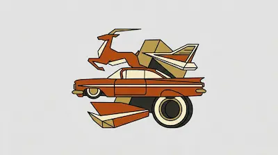 Flat illustration of an orange Chevrolet Impala with decorative wings, wheels, and gold trim
