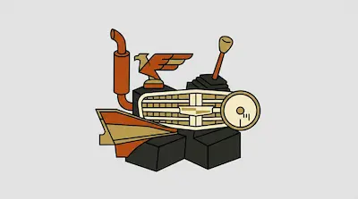 A stylized collection of vintage car components, including a grille, headlight, tail fin, and eagle hood ornament, arranged in a cluster.