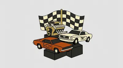 An orange Chevrolet Camaro and a white Ford Mustang are displayed on a tiered platform with a large engine and a checkered racing flag.