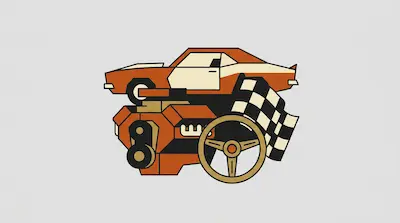 An orange muscle car, a V8 engine, a checkered flag, and a steering wheel in a stylized graphic design.