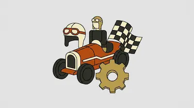 A stylized orange vintage race car with a driver, a checkered flag, and a large gold gear.