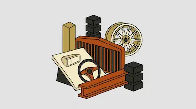 An isometric arrangement of car parts, including a wheel, steering wheel, and radiator, alongside geometric blocks and an I-beam.