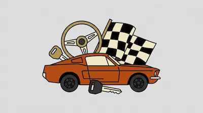 An orange muscle car is surrounded by a steering wheel, a checkered flag, and two car keys.