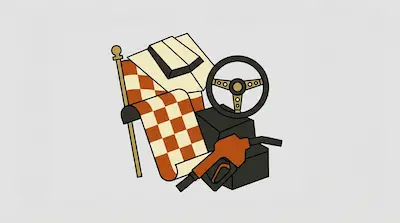 A checkered flag, a steering wheel, and a gas pump nozzle are grouped together.