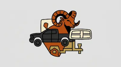 Flat illustration of a Dodge Ram truck with a large horned ram, geometric shapes, and gold accents