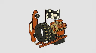 A stylized graphic featuring an orange car, a large tire, an engine, and a checkered flag.